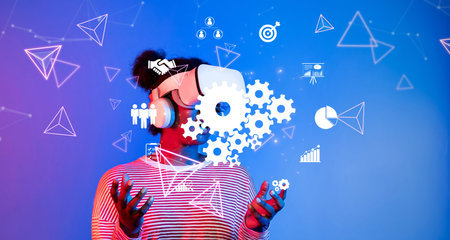 A vibrant representation of teamwork in virtual reality, showcasing an individual using advanced...