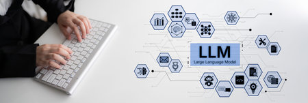 Large Language Model LLM processing data. Represents deep text learning, natural language processing...