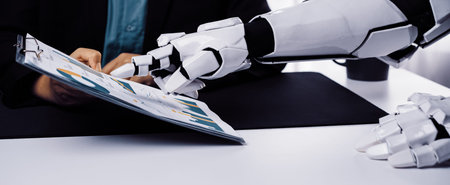 A unique scene depicting the interaction between a human and a robot in an office setting,...
