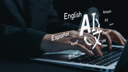 Global communication with multiple languages, digital translation tools, multilingual technology,...