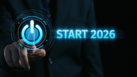 Start 2026 concept with futuristic power button symbolizing fresh beginnings, innovation, and...