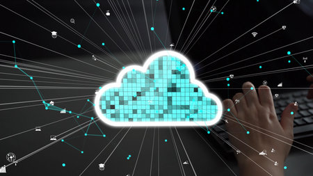 An abstract representation of cloud computing highlights the flow of digital data and user...