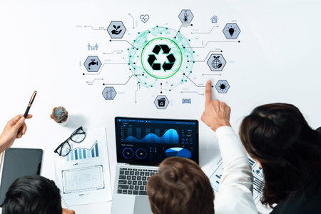 Concept of corporate social responsibility and sustainability. A global network of green energy, recycling, and conservation efforts for a better environment and future.の写真素材