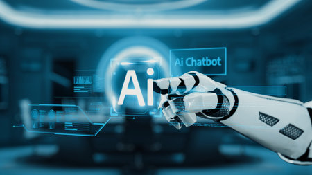 A robotic hand reaches out to engage with a floating artificial intelligence chatbot interface in a...