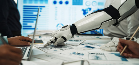 A futuristic robotic arm interacts with data charts and reports in a modern office space,...