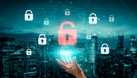 Digital security concept illustrating a cybersecurity breach, with a red unlocked padlock indicating...