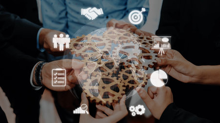 Imagery portraying diverse individuals collaborating in business, showcasing global connectivity,...
