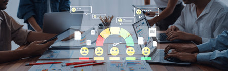 A engaged business team collaborates using modern technology while analyzing feedback and...
