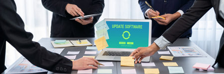 Analyst team use sticky note for creative and analytic brainstorm for business idea with data...
