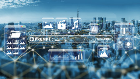 Digital Interface Overlay with Multimedia Icons Against Cityscape at Sunset Featuring Technology and...