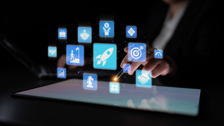 Startup launch and business growth concept, rocket symbolism, entrepreneurship, startup innovation,...