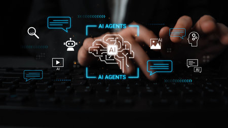Hands Typing on Keyboard with AI Symbols and Chat Bubbles Illustrating the Concept of Artificial...