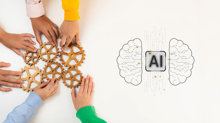 Hands come together to assemble gears, illustrating teamwork and collaboration in artificial...