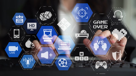 Gaming icons show online gaming, game streaming, and interactive play. Gaming supports esports, game...