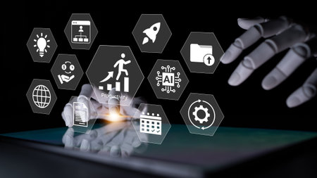 A conceptual image featuring hands interacting with digital icons on a tablet. Illustrates themes of productivity, innovation, and technology in the business landscape.の写真素材