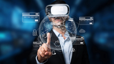 A businessman engages with virtual reality technology, showcasing a digital network for finance...
