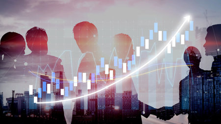Silhouettes of professionals collaborating against a cityscape backdrop, emphasizing business growth...