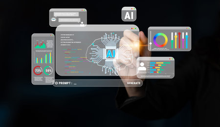 Futuristic Digital Interface Showcasing AI Technology with Data Visualizations and User Interaction...