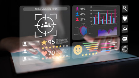 A close-up of hands interacting with a digital marketing dashboard showcasing various metrics,...