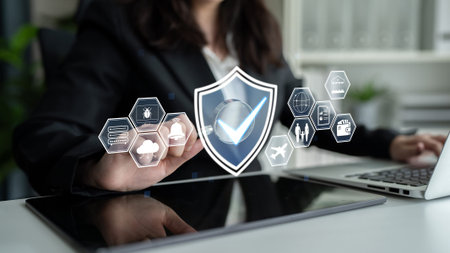 Professional Businesswoman Interacting with Digital Security Icons on a Touchscreen in Modern Office...