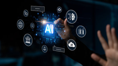 AI-powered central processing system shows insight, logic, data flow and platform intelligence in...
