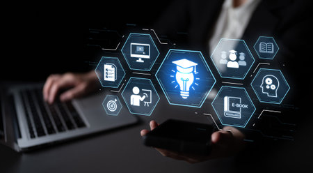 Education technology digital learning, training systems, and knowledge development. Futuristic...