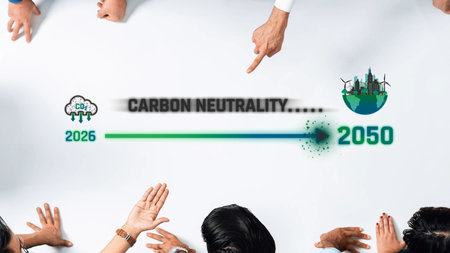 A diverse group of hands points towards a timeline illustrating the journey to carbon neutrality...