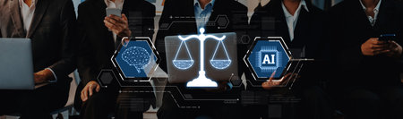 A modern depiction of the intersection of law and technology, showcasing AI influence on legal...