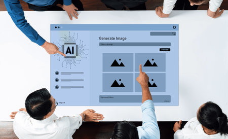 Team of professionals discuss and interact with an AI-powered image generation tool in a modern...