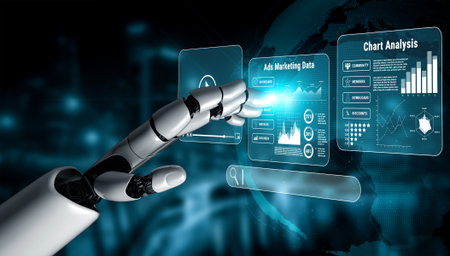Advanced robotic hand interacting with futuristic digital interface displaying marketing data,...