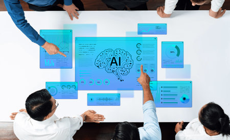 Comprehensive AI monitoring dashboard featuring neural network brain AI core surrounded by various...