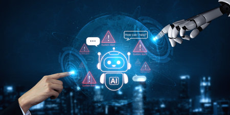 Chatbot AI helping under system alert condition with error warnings and communication risk signals....