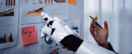 A robotic hand engages with various charts on the wall, showcasing modern analytics and data...