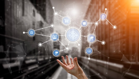 A conceptual image illustrating digital connectivity and communication, featuring a hand reaching...