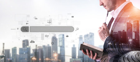 Search engine interface for accessing digital information and online data. Search engine finds data, search engine supports research, drives marketing, search engine improves SEO.の写真素材