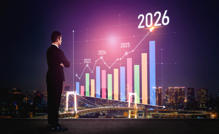 Business growth forecast highlights increasing trends new year 2026. Growth forecast data, growth forecast strategy, and growth forecast planning are key elements. Vouchの写真素材