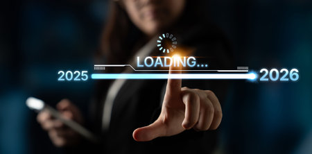 Visualizing the shift from 2025 to 2026. Progress bar symbolizing advancement, strategic foresight,...