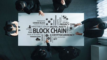 A business team collaborates around a modern table, discussing blockchain technology and...