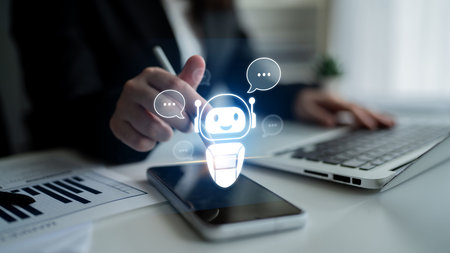 AI chatbot virtual assistant interacting with users through AI conversation bubbles, symbolizing AI...