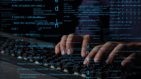 A focused image capturing hands actively typing on a keyboard, surrounded by streaming code and...