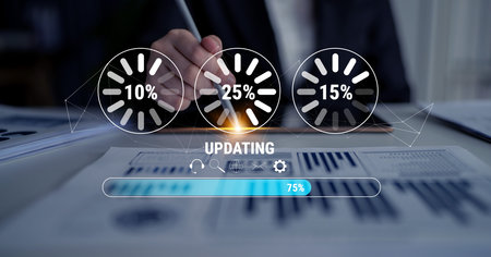 A concept of a system update and software installation. A progress bar and loading icons showing the...