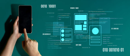 UI UX mockup showing application layout, structure, and code interface. UI design defines user flow,...