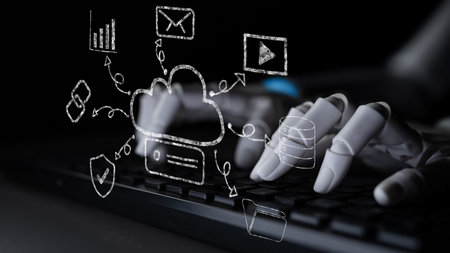 A hand drawn doodle of an AI cloud computing services ecosystem. A creative sketch of an AI network for data storage and applications. Motifの写真素材