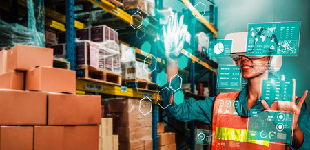 Future virtual reality technology for innovative VR warehouse management . Concept of smart...