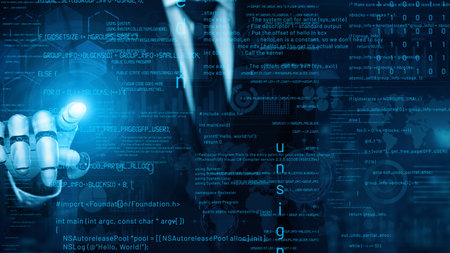 A close-up view of a human hand interacting with a vibrant digital interface full of code and data....