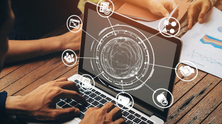 Concept of task management optimizes business efficiency. This system streamlines workflows,...