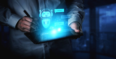 AI chatbot improves virtual assistant interaction. AI chatbot processes text, supports users, AI chatbot automates replies, and AI chatbot enables smart messaging.の写真素材