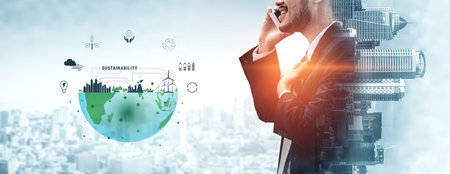 The concept of sustainability with green energy for environmental protection. A vision of a smart city with renewable resources and a clean ecosystem. Motifの写真素材