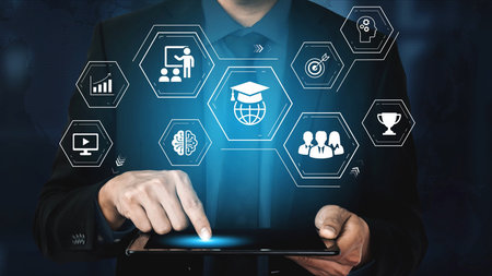 Business Professional Engaging with Digital Learning Platform and Educational Technology Concepts...
