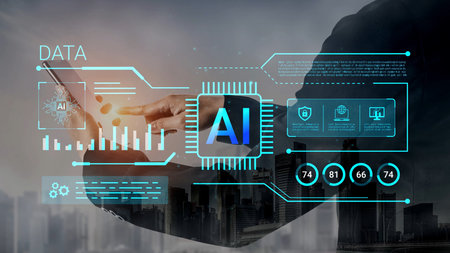 Innovative Technology Concept with Artificial Intelligence and Data Analysis Tools Overlaid on Urban...